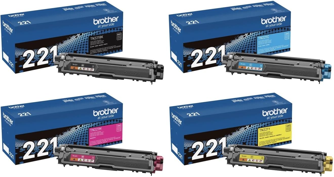 Original Brother TN-221 Toner Set (BK/C/M/Y) - 4-Pack Genuine Color & Black Cartridges - Standard Yield OEM